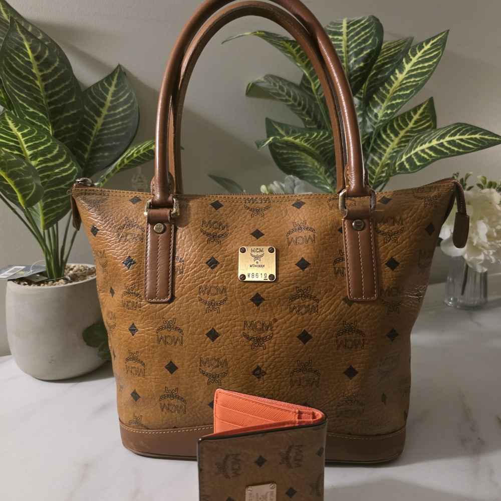 MCM Brown Leather Tote Bag And Wallet